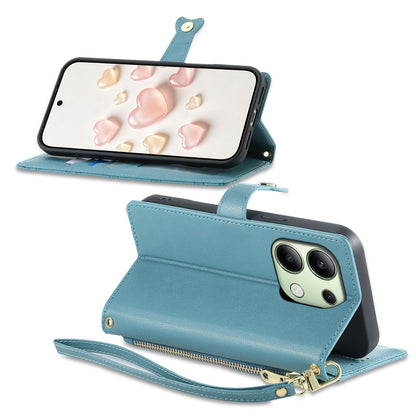 For Redmi Note 13 4G Zipper Wallet Heart Buckle Vegan Leather Phone Case with Wrist Strap(Lake Blue)