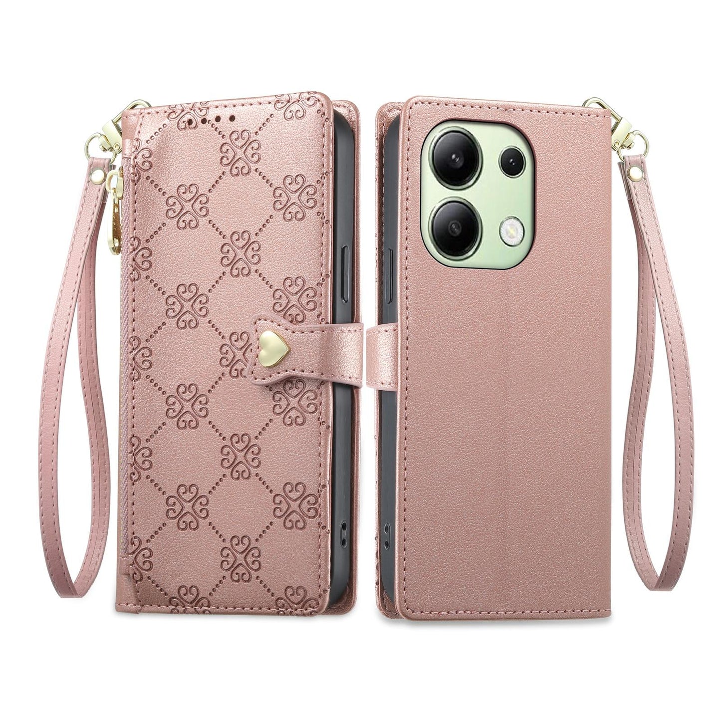 For Redmi Note 13 4G Zipper Wallet Heart Buckle Vegan Leather Phone Case with Wrist Strap(Pink)