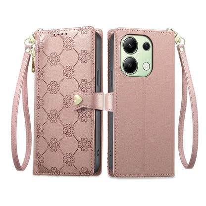 For Redmi Note 13 4G Zipper Wallet Heart Buckle Vegan Leather Phone Case with Wrist Strap(Pink)