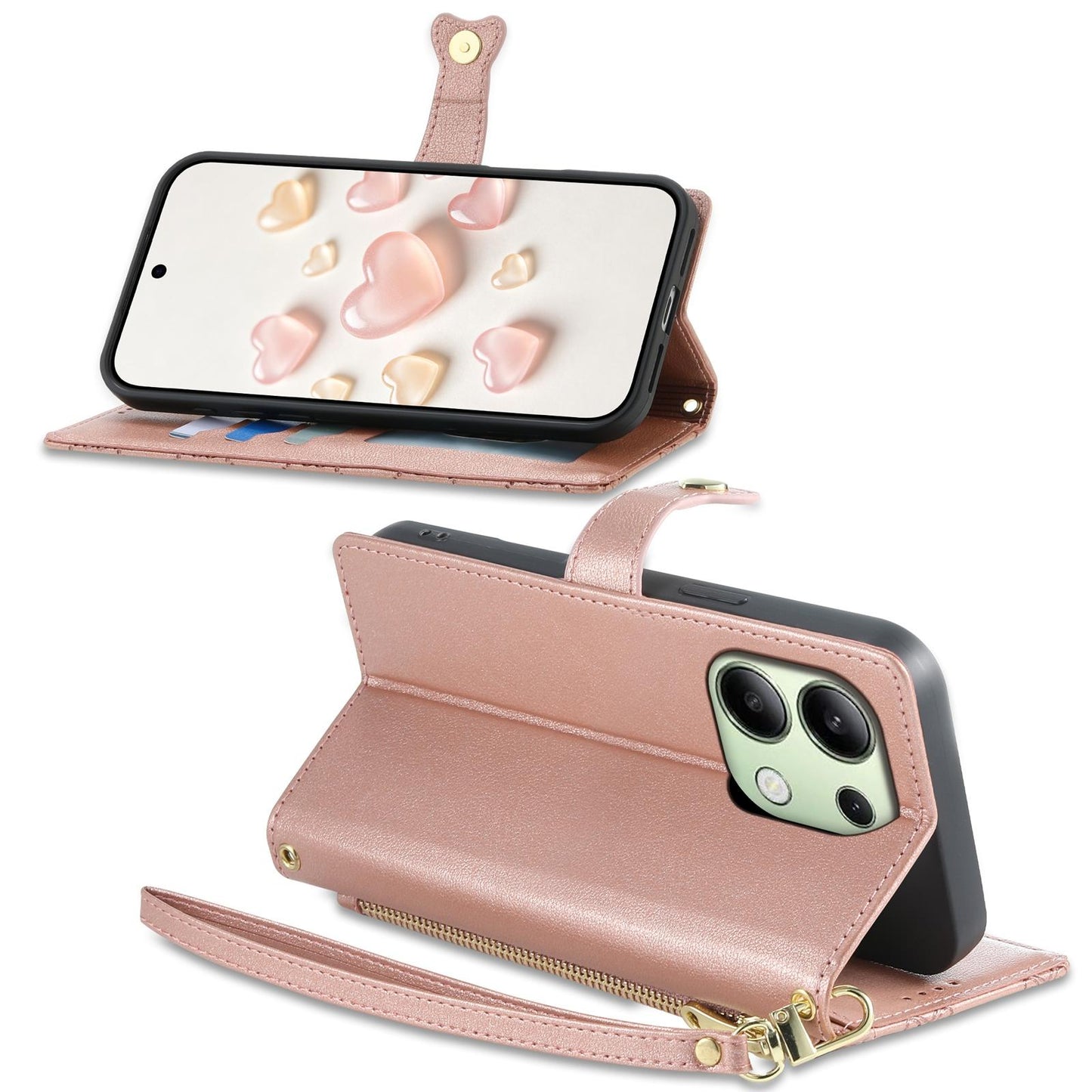 For Redmi Note 13 4G Zipper Wallet Heart Buckle Vegan Leather Phone Case with Wrist Strap(Pink)