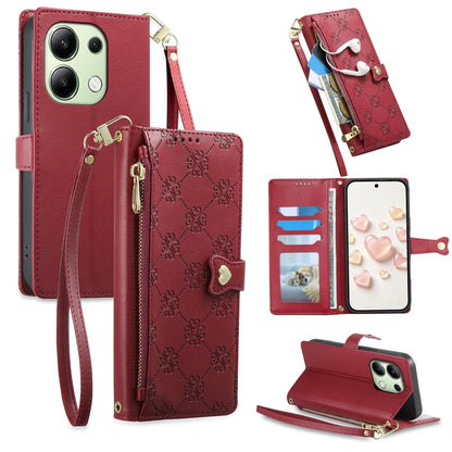 For Redmi Note 13 4G Zipper Wallet Heart Buckle Vegan Leather Phone Case with Wrist Strap(Red)