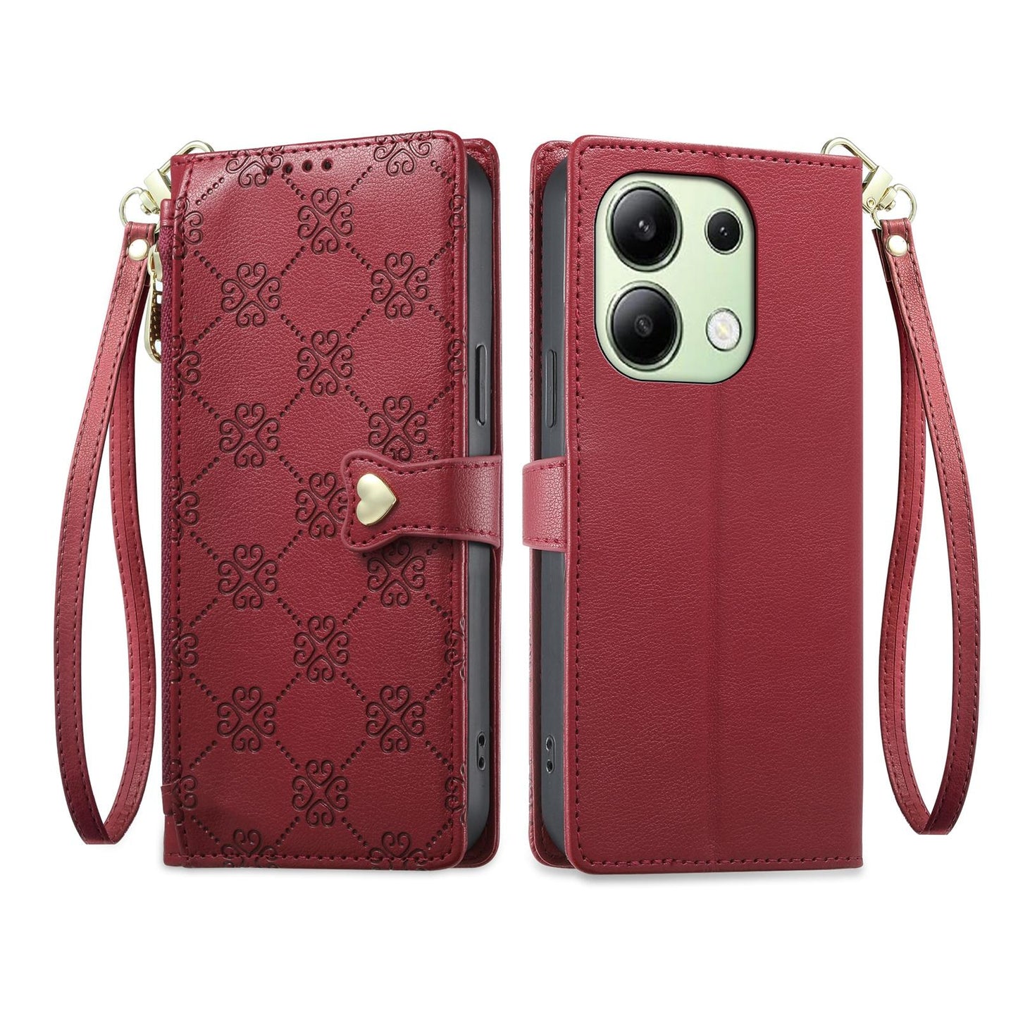 For Redmi Note 13 4G Zipper Wallet Heart Buckle Vegan Leather Phone Case with Wrist Strap(Red)