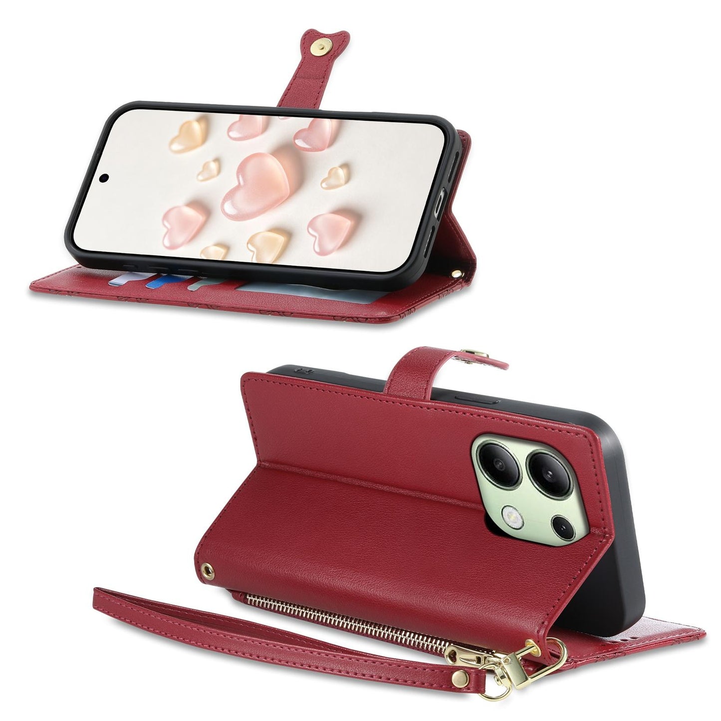 For Redmi Note 13 4G Zipper Wallet Heart Buckle Vegan Leather Phone Case with Wrist Strap(Red)