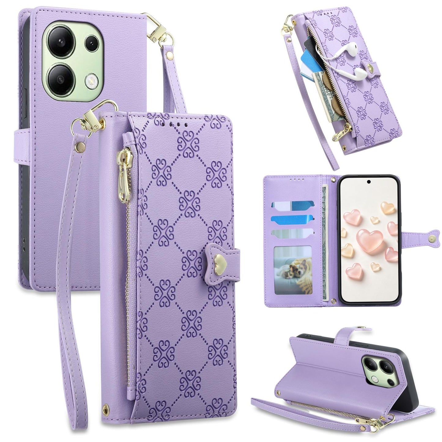 For Redmi Note 13 4G Zipper Wallet Heart Buckle Vegan Leather Phone Case with Wrist Strap(Purple)