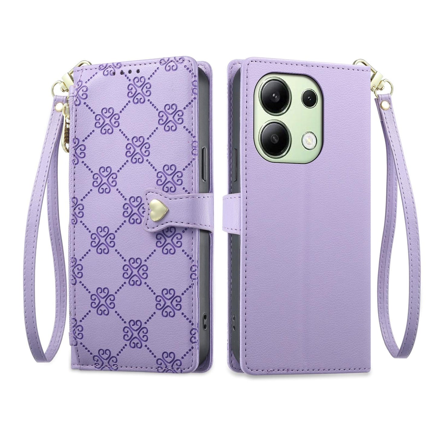 For Redmi Note 13 4G Zipper Wallet Heart Buckle Vegan Leather Phone Case with Wrist Strap(Purple)