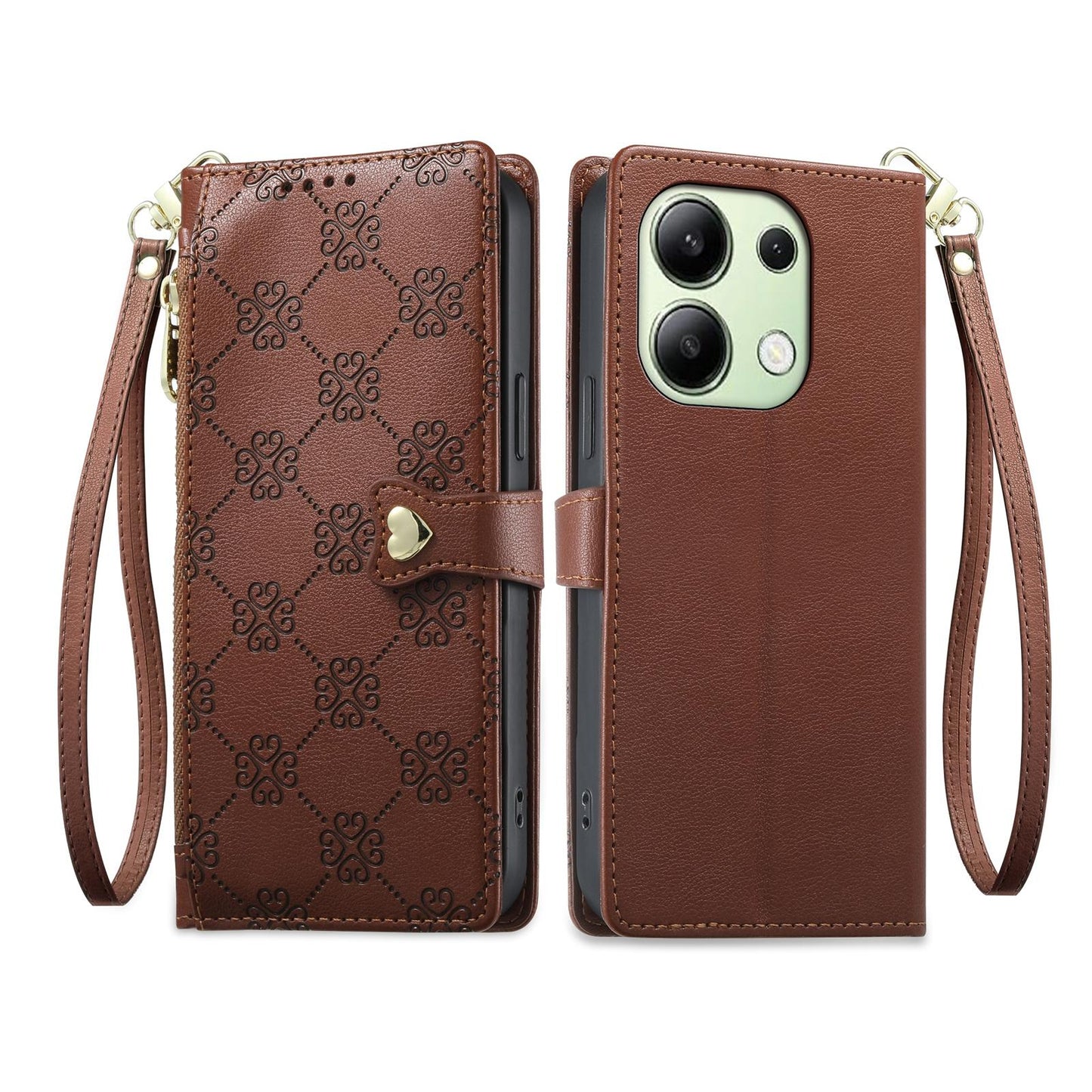 For Redmi Note 13 4G Zipper Wallet Heart Buckle Vegan Leather Phone Case with Wrist Strap(Brown)