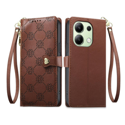 For Redmi Note 13 4G Zipper Wallet Heart Buckle Vegan Leather Phone Case with Wrist Strap(Brown)