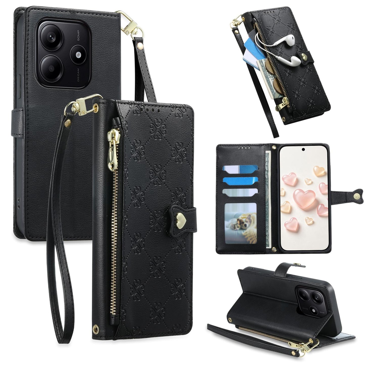 For Redmi Note 14 4G 164.84mm Zipper Wallet Heart Buckle Vegan Leather Phone Case with Wrist Strap(Black)