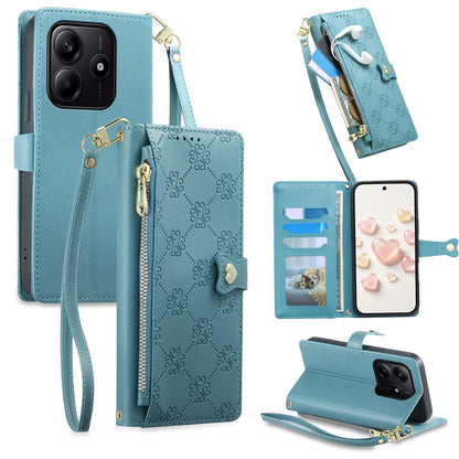 For Redmi Note 14 4G 164.84mm Zipper Wallet Heart Buckle Vegan Leather Phone Case with Wrist Strap(Lake Blue)