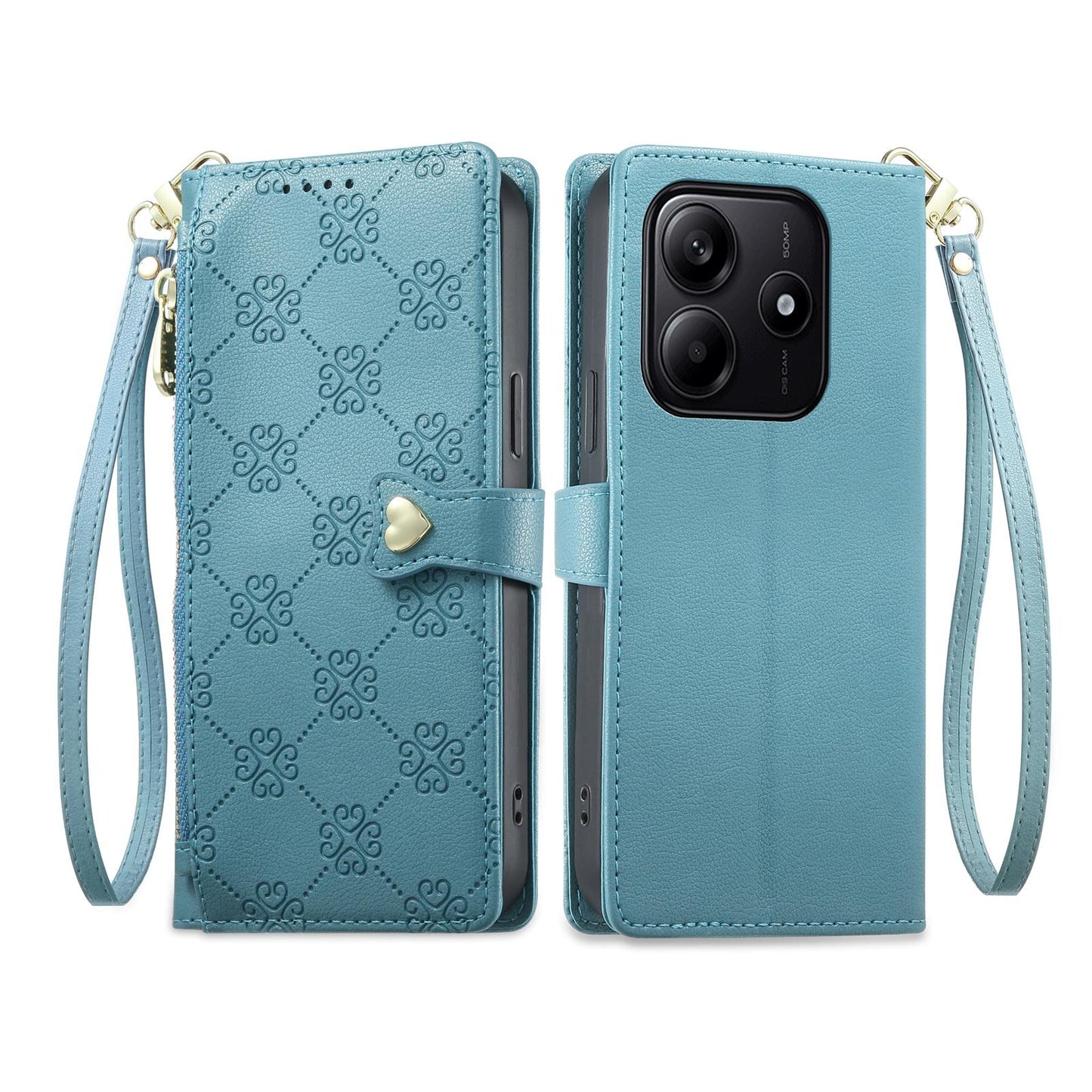 For Redmi Note 14 4G 164.84mm Zipper Wallet Heart Buckle Vegan Leather Phone Case with Wrist Strap(Lake Blue)