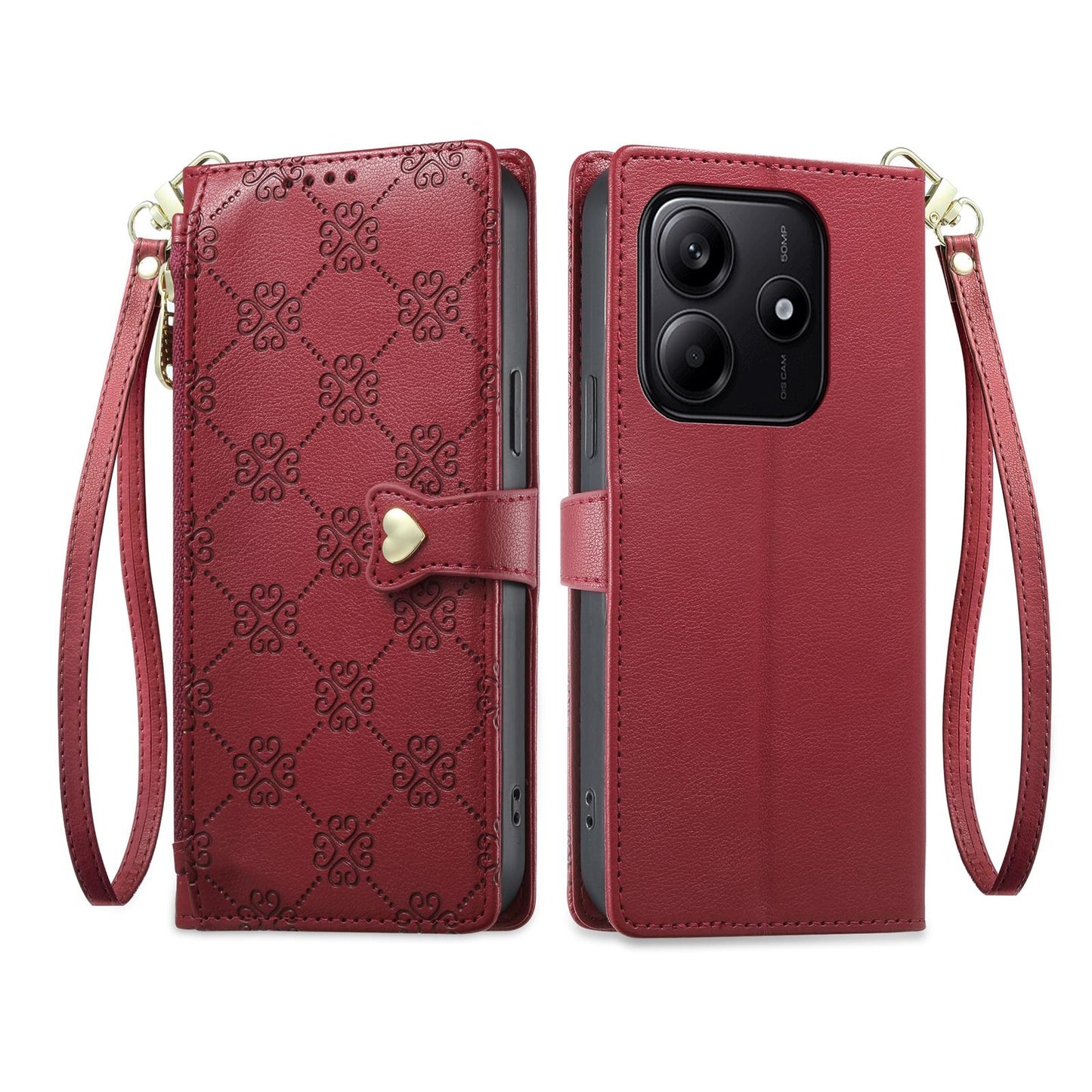 For Redmi Note 14 4G 164.84mm Zipper Wallet Heart Buckle Vegan Leather Phone Case with Wrist Strap(Red)