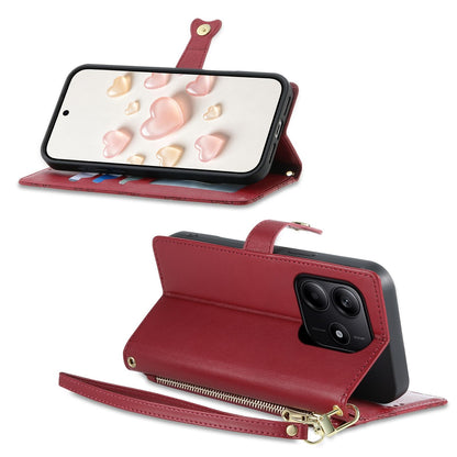 For Redmi Note 14 4G 164.84mm Zipper Wallet Heart Buckle Vegan Leather Phone Case with Wrist Strap(Red)
