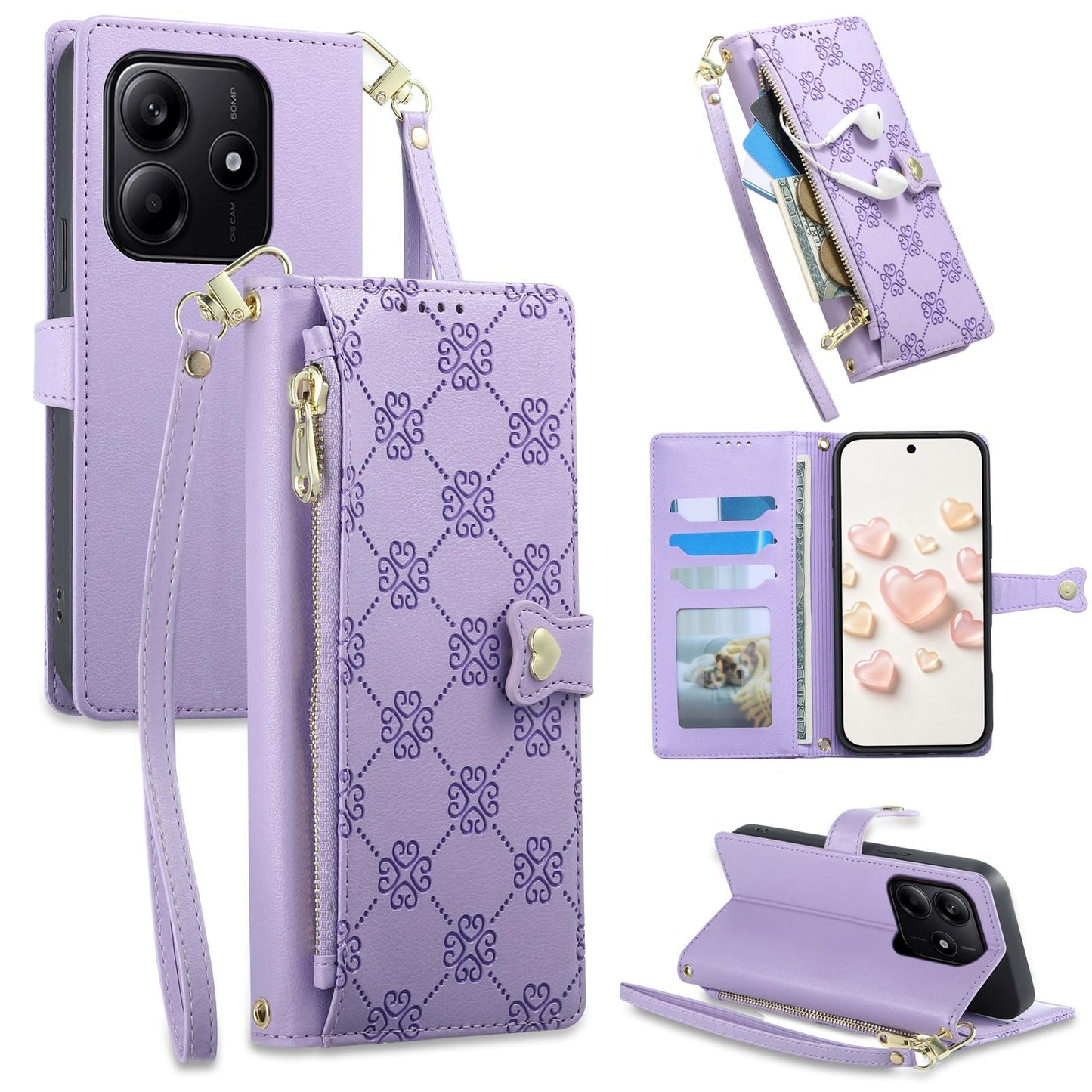 For Redmi Note 14 4G 164.84mm Zipper Wallet Heart Buckle Vegan Leather Phone Case with Wrist Strap(Purple)