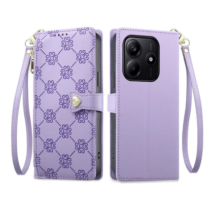 For Redmi Note 14 4G 164.84mm Zipper Wallet Heart Buckle Vegan Leather Phone Case with Wrist Strap(Purple)