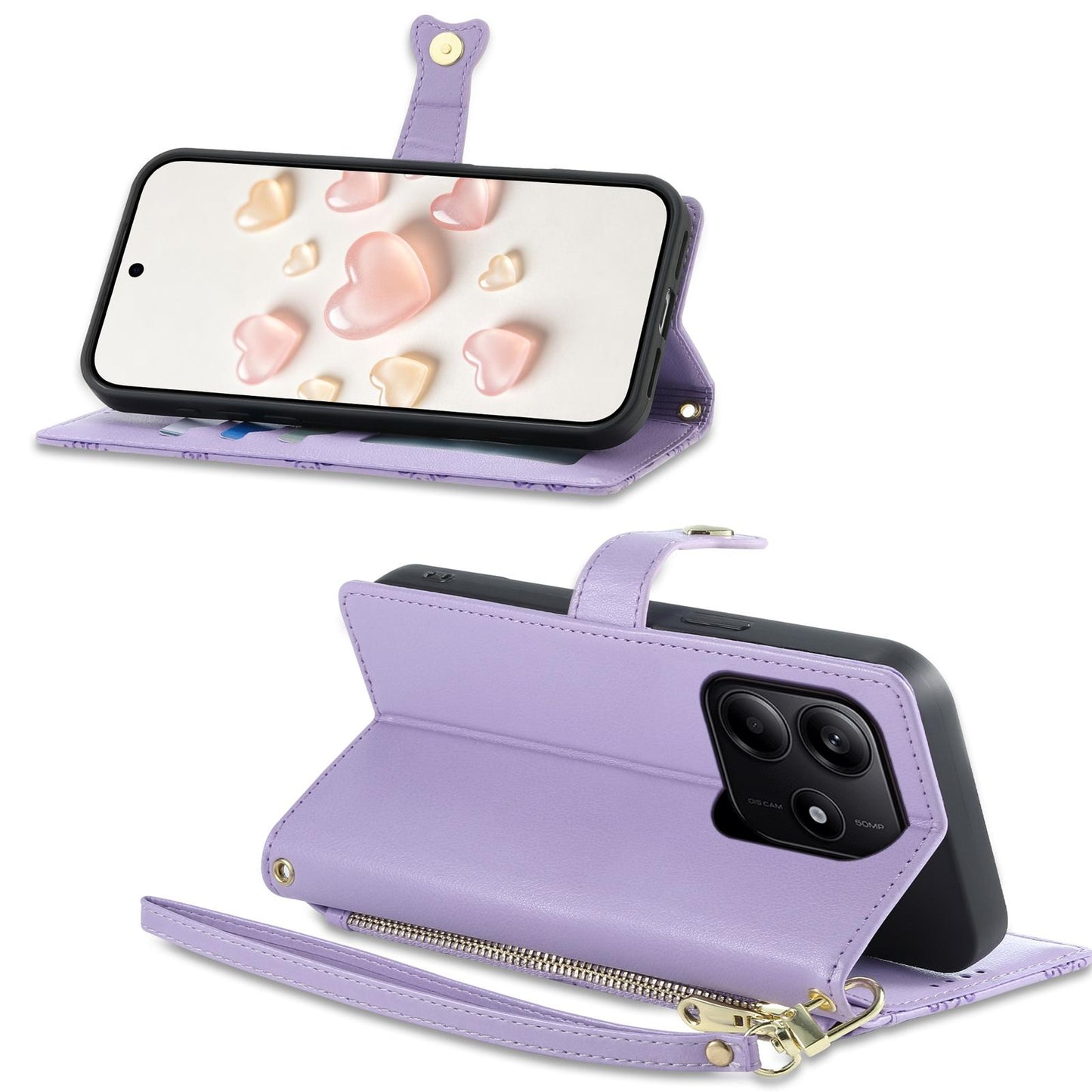 For Redmi Note 14 4G 164.84mm Zipper Wallet Heart Buckle Vegan Leather Phone Case with Wrist Strap(Purple)