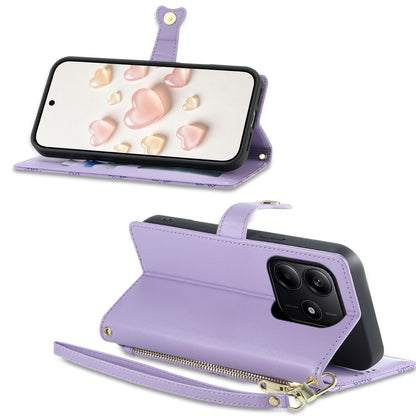 For Redmi Note 14 4G 164.84mm Zipper Wallet Heart Buckle Vegan Leather Phone Case with Wrist Strap(Purple)