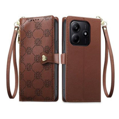 For Redmi Note 14 4G 164.84mm Zipper Wallet Heart Buckle Vegan Leather Phone Case with Wrist Strap(Brown)