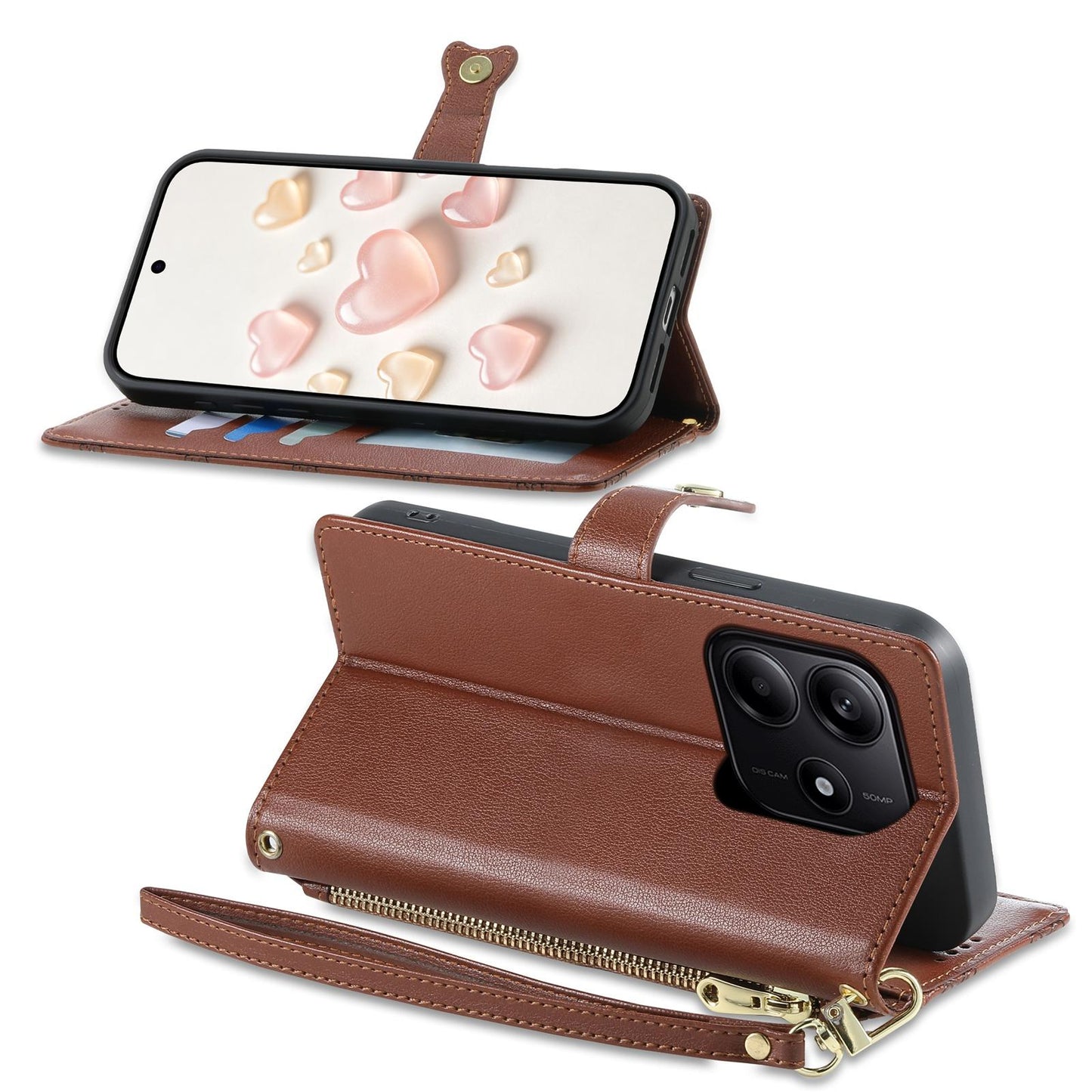 For Redmi Note 14 4G 164.84mm Zipper Wallet Heart Buckle Vegan Leather Phone Case with Wrist Strap(Brown)
