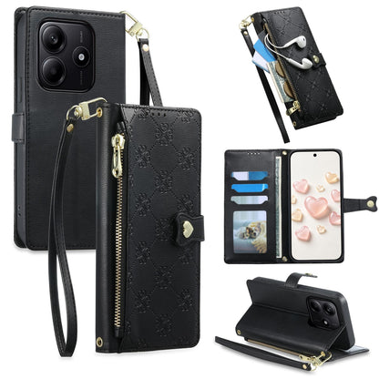 For Redmi Note 14 4G 163.25mm Zipper Wallet Heart Buckle Vegan Leather Phone Case with Wrist Strap(Black)
