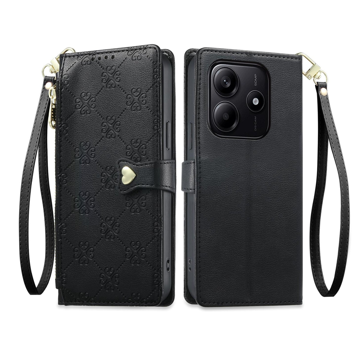 For Redmi Note 14 4G 163.25mm Zipper Wallet Heart Buckle Vegan Leather Phone Case with Wrist Strap(Black)