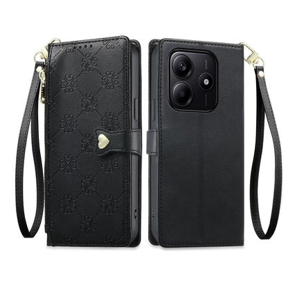 For Redmi Note 14 4G 163.25mm Zipper Wallet Heart Buckle Vegan Leather Phone Case with Wrist Strap(Black)