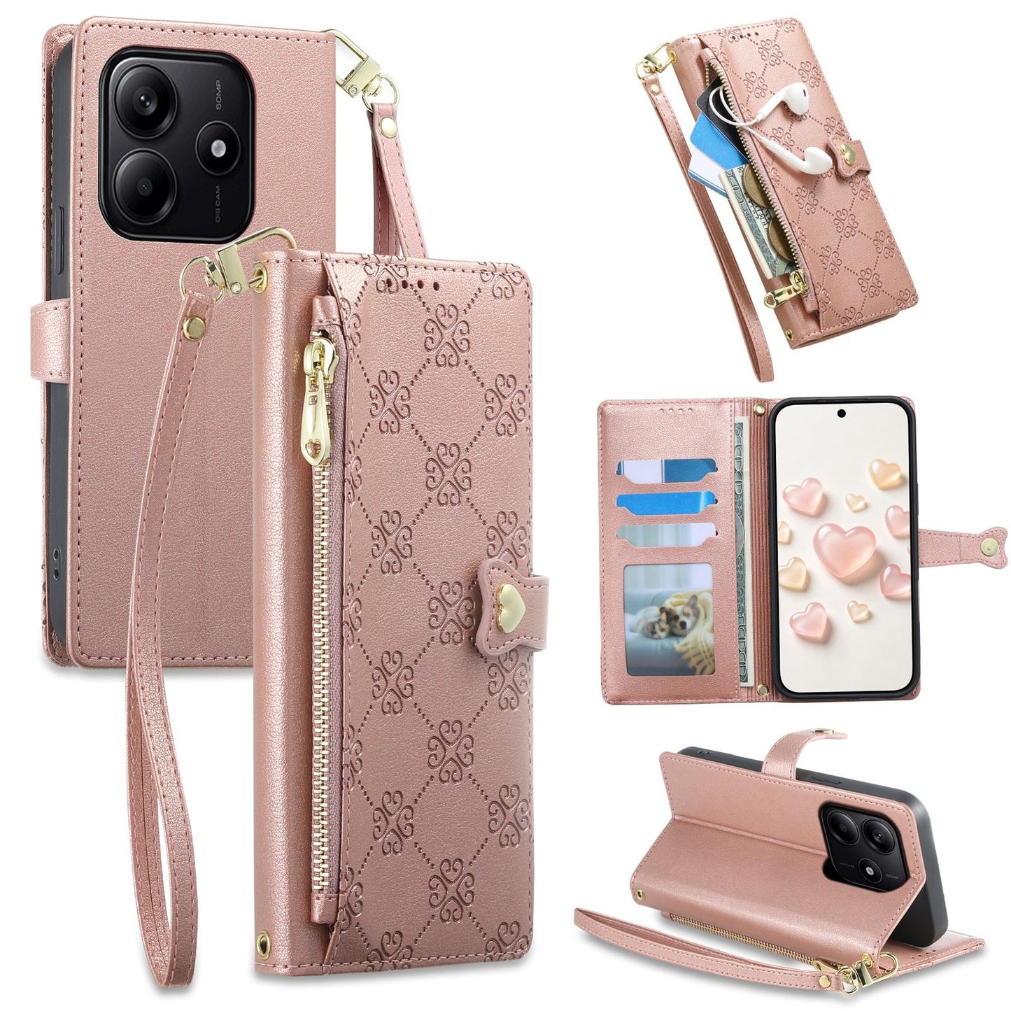 For Redmi Note 14 4G 163.25mm Zipper Wallet Heart Buckle Vegan Leather Phone Case with Wrist Strap(Pink)