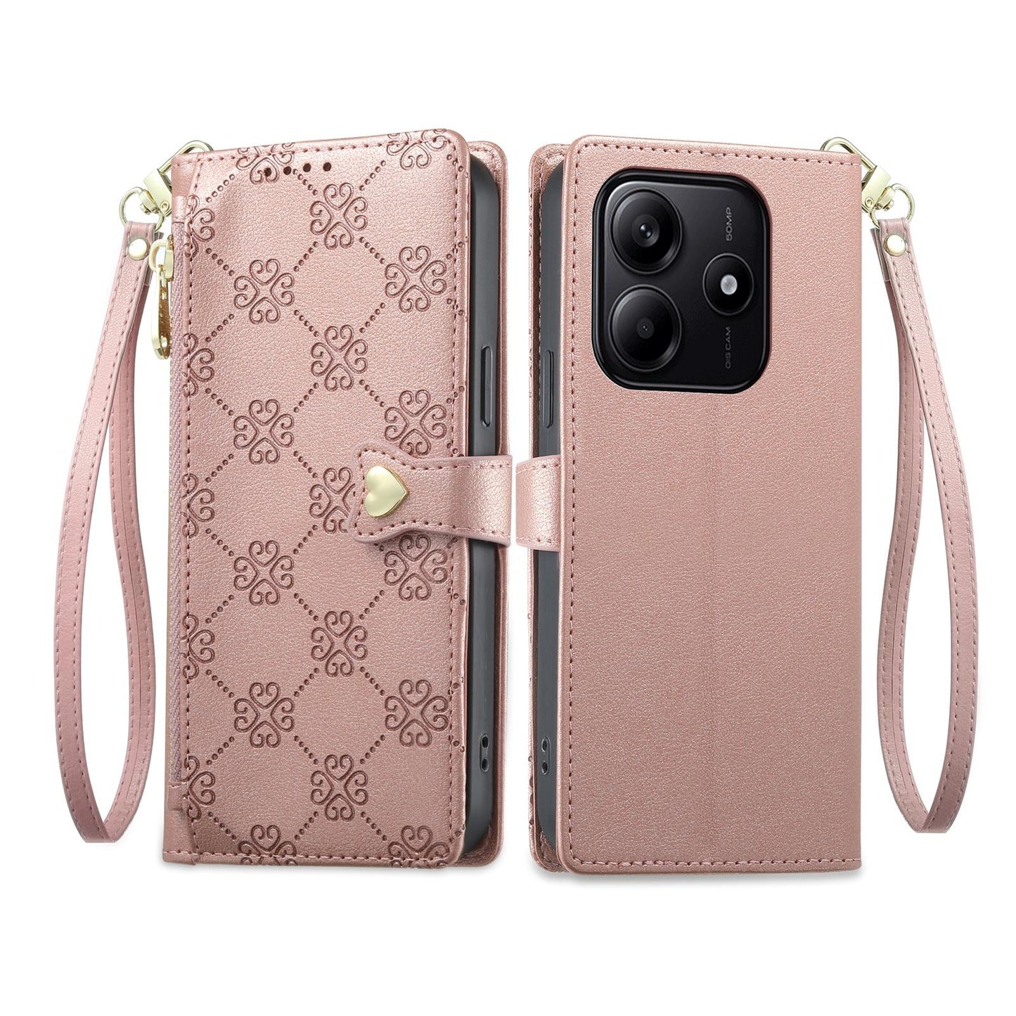 For Redmi Note 14 4G 163.25mm Zipper Wallet Heart Buckle Vegan Leather Phone Case with Wrist Strap(Pink)