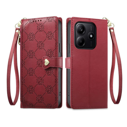 For Redmi Note 14 4G 163.25mm Zipper Wallet Heart Buckle Vegan Leather Phone Case with Wrist Strap(Red)