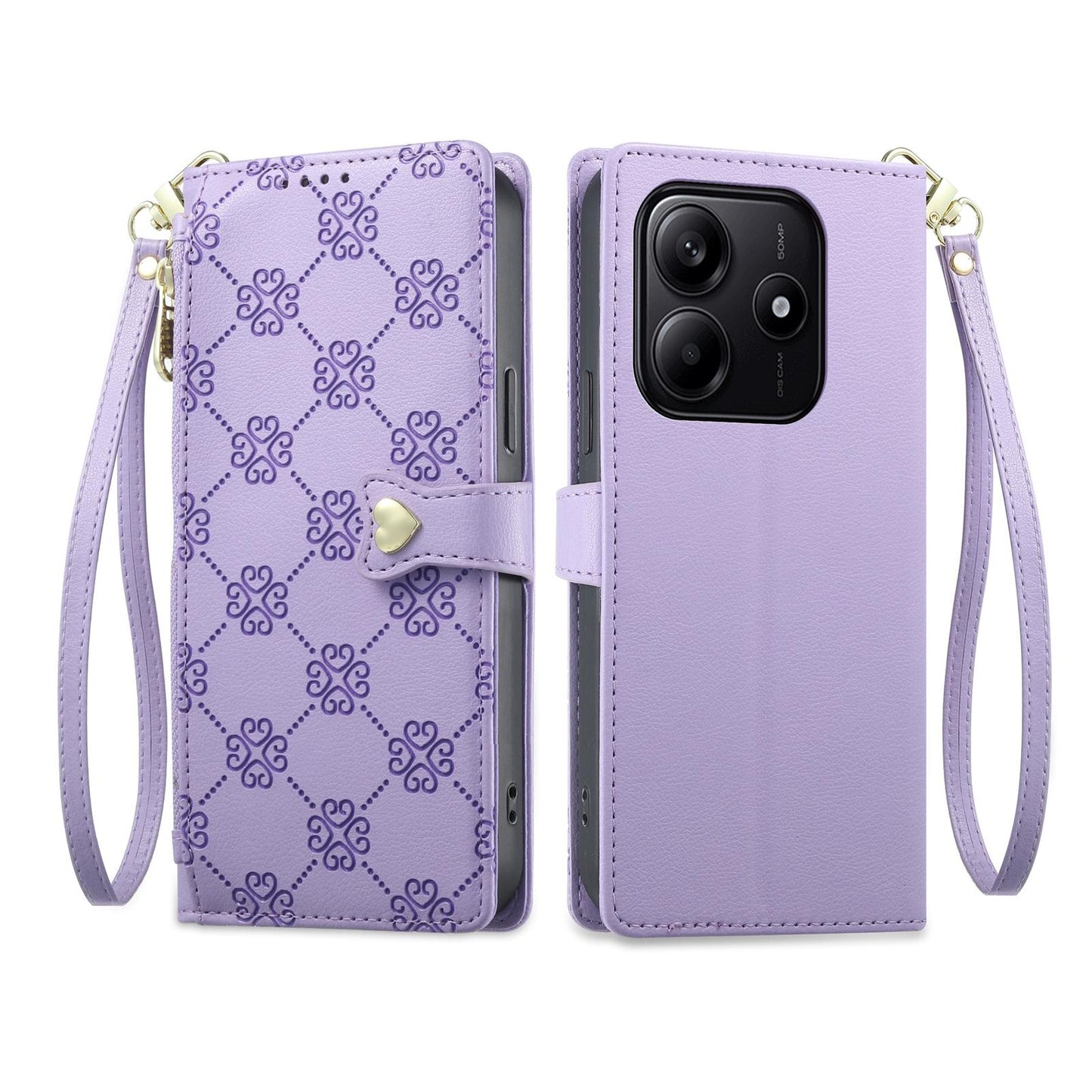 For Redmi Note 14 4G 163.25mm Zipper Wallet Heart Buckle Vegan Leather Phone Case with Wrist Strap(Purple)