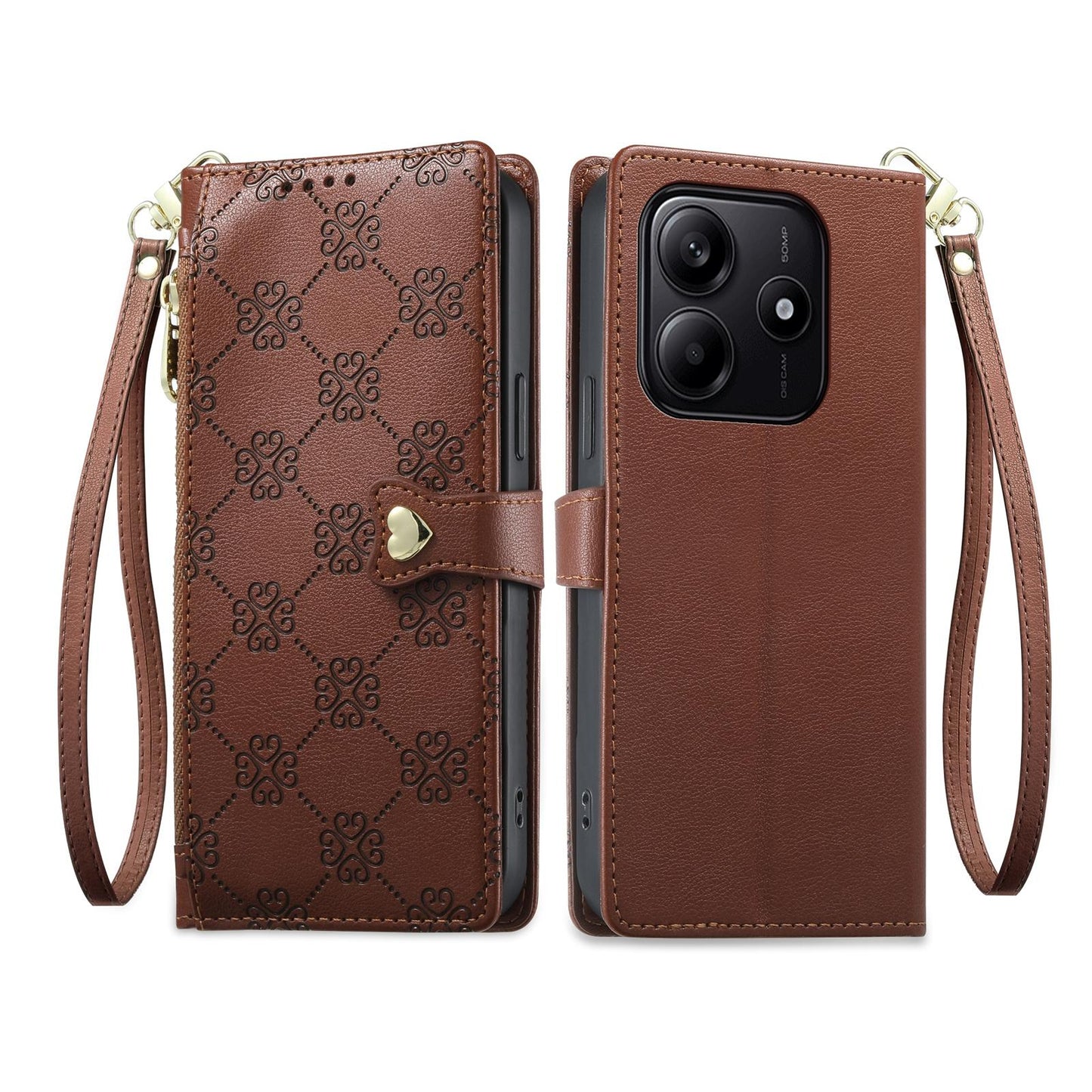 For Redmi Note 14 4G 163.25mm Zipper Wallet Heart Buckle Vegan Leather Phone Case with Wrist Strap(Brown)