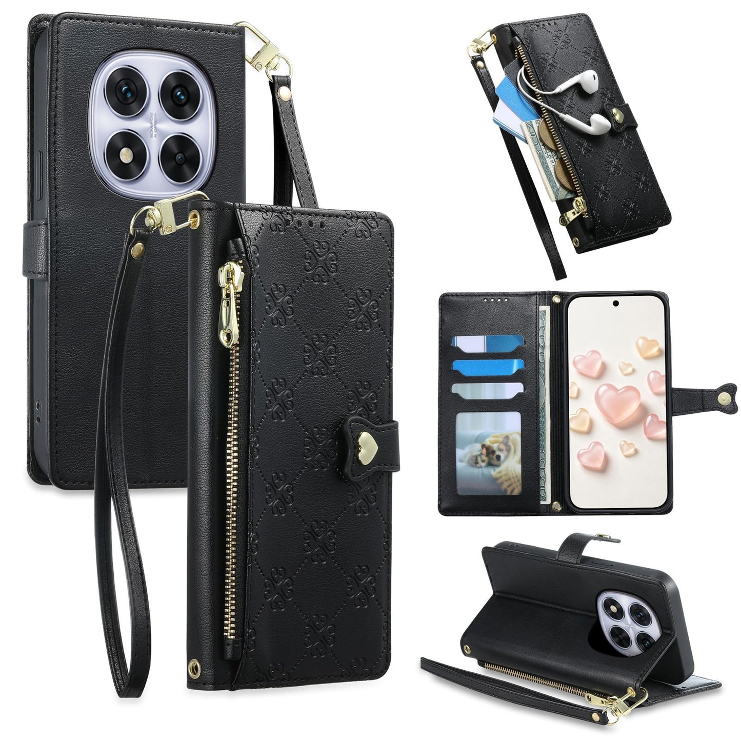 For Redmi Note 14 Pro 4G Zipper Wallet Heart Buckle Vegan Leather Phone Case with Wrist Strap(Black)