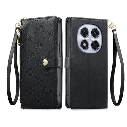 For Redmi Note 14 Pro 4G Zipper Wallet Heart Buckle Vegan Leather Phone Case with Wrist Strap(Black)