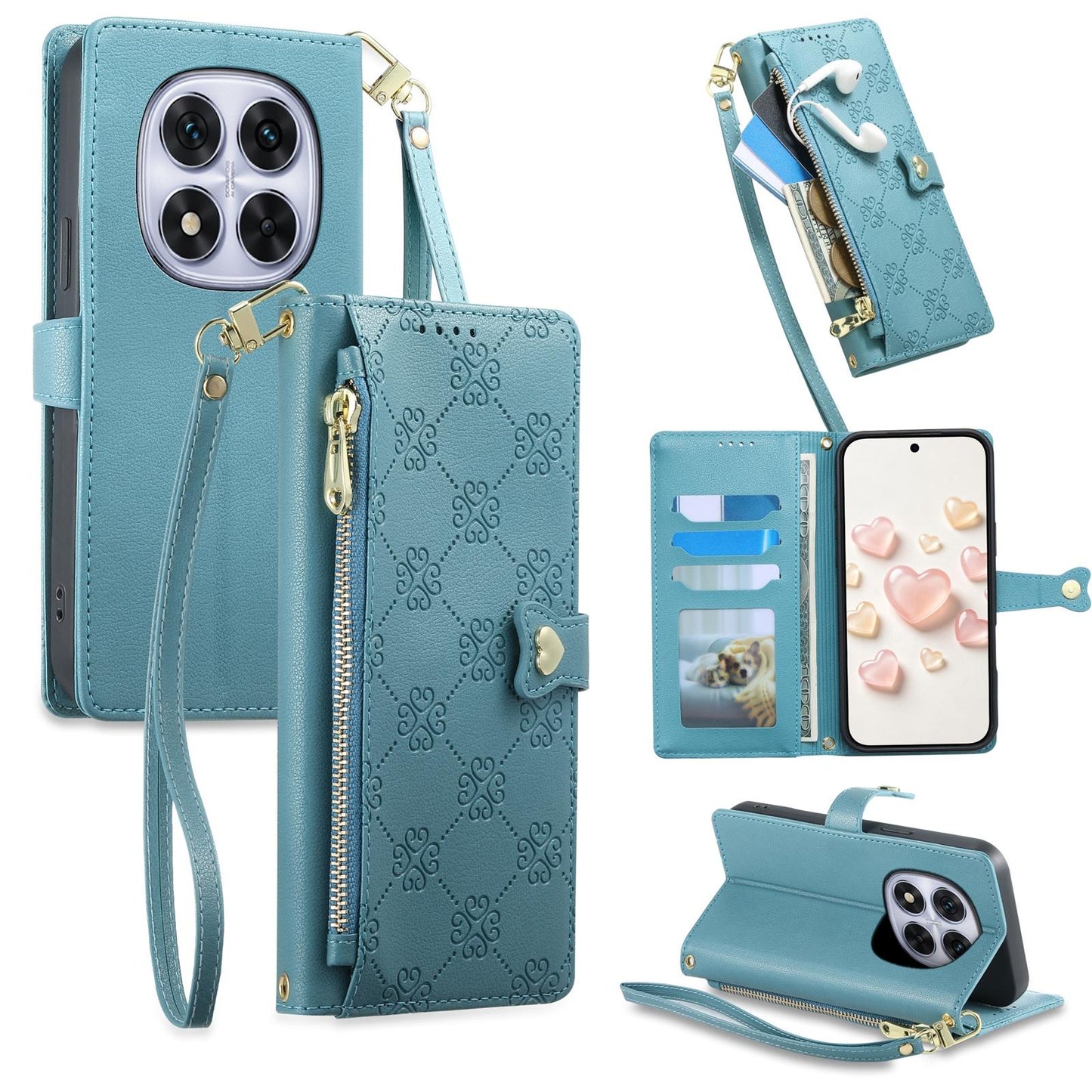 For Redmi Note 14 Pro 4G Zipper Wallet Heart Buckle Vegan Leather Phone Case with Wrist Strap(Lake Blue)