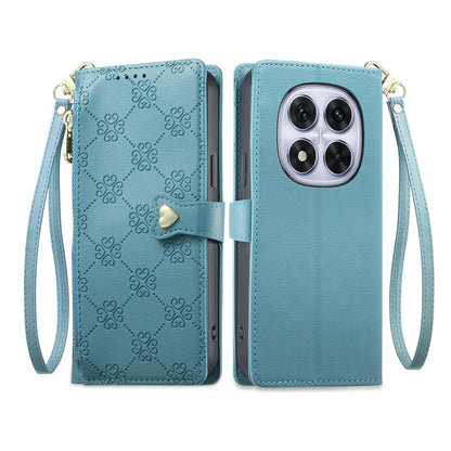 For Redmi Note 14 Pro 4G Zipper Wallet Heart Buckle Vegan Leather Phone Case with Wrist Strap(Lake Blue)