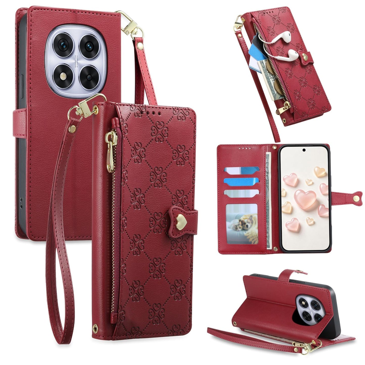 For Redmi Note 14 Pro 4G Zipper Wallet Heart Buckle Vegan Leather Phone Case with Wrist Strap(Red)
