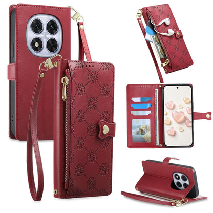 For Redmi Note 14 Pro 4G Zipper Wallet Heart Buckle Vegan Leather Phone Case with Wrist Strap(Red)