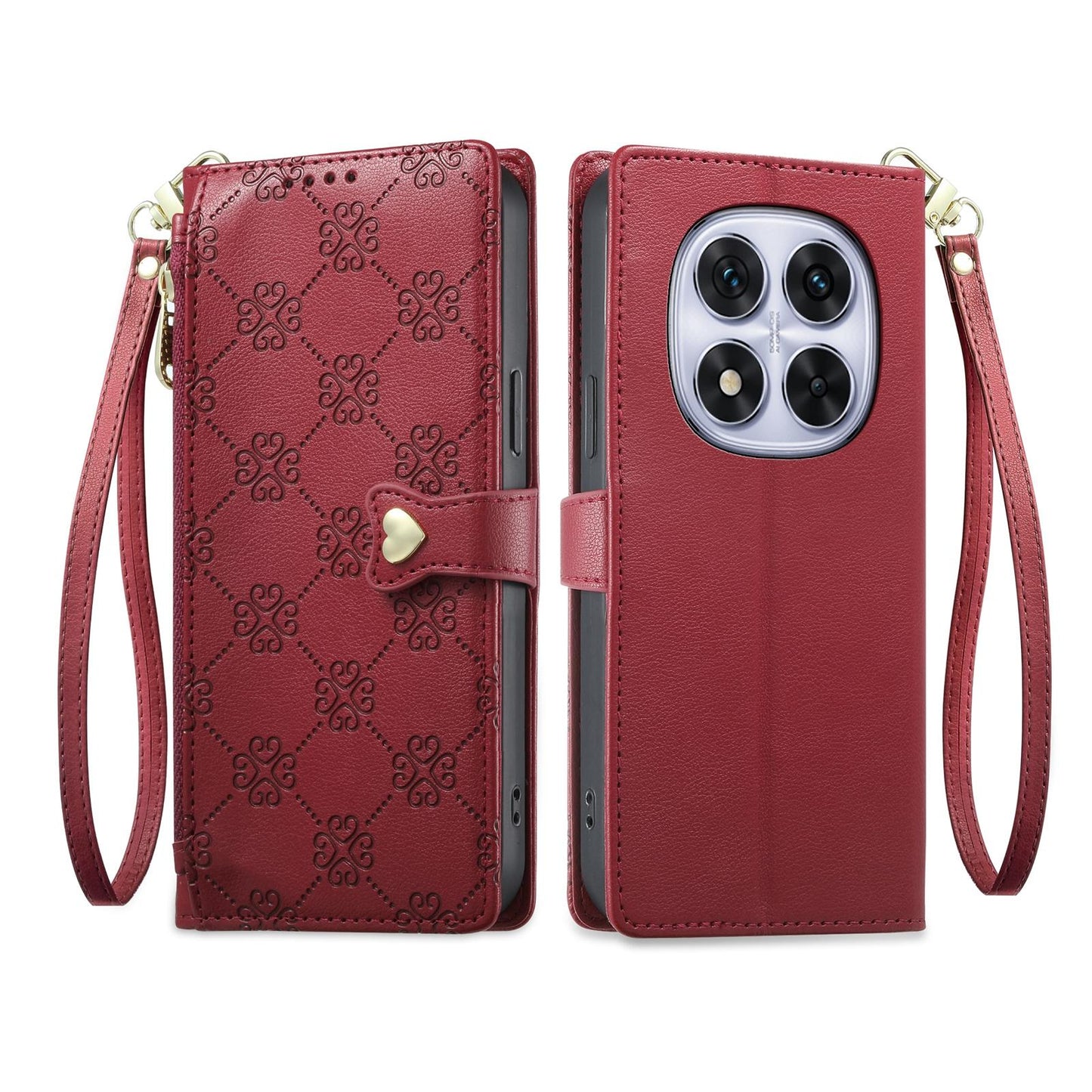 For Redmi Note 14 Pro 4G Zipper Wallet Heart Buckle Vegan Leather Phone Case with Wrist Strap(Red)