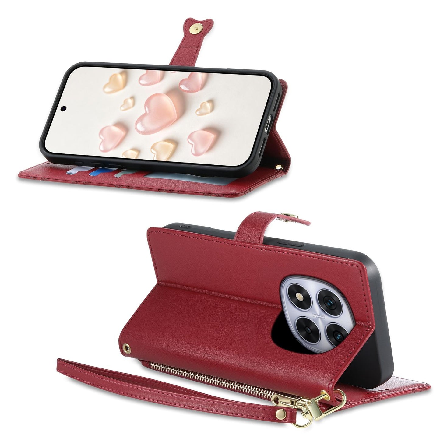 For Redmi Note 14 Pro 4G Zipper Wallet Heart Buckle Vegan Leather Phone Case with Wrist Strap(Red)