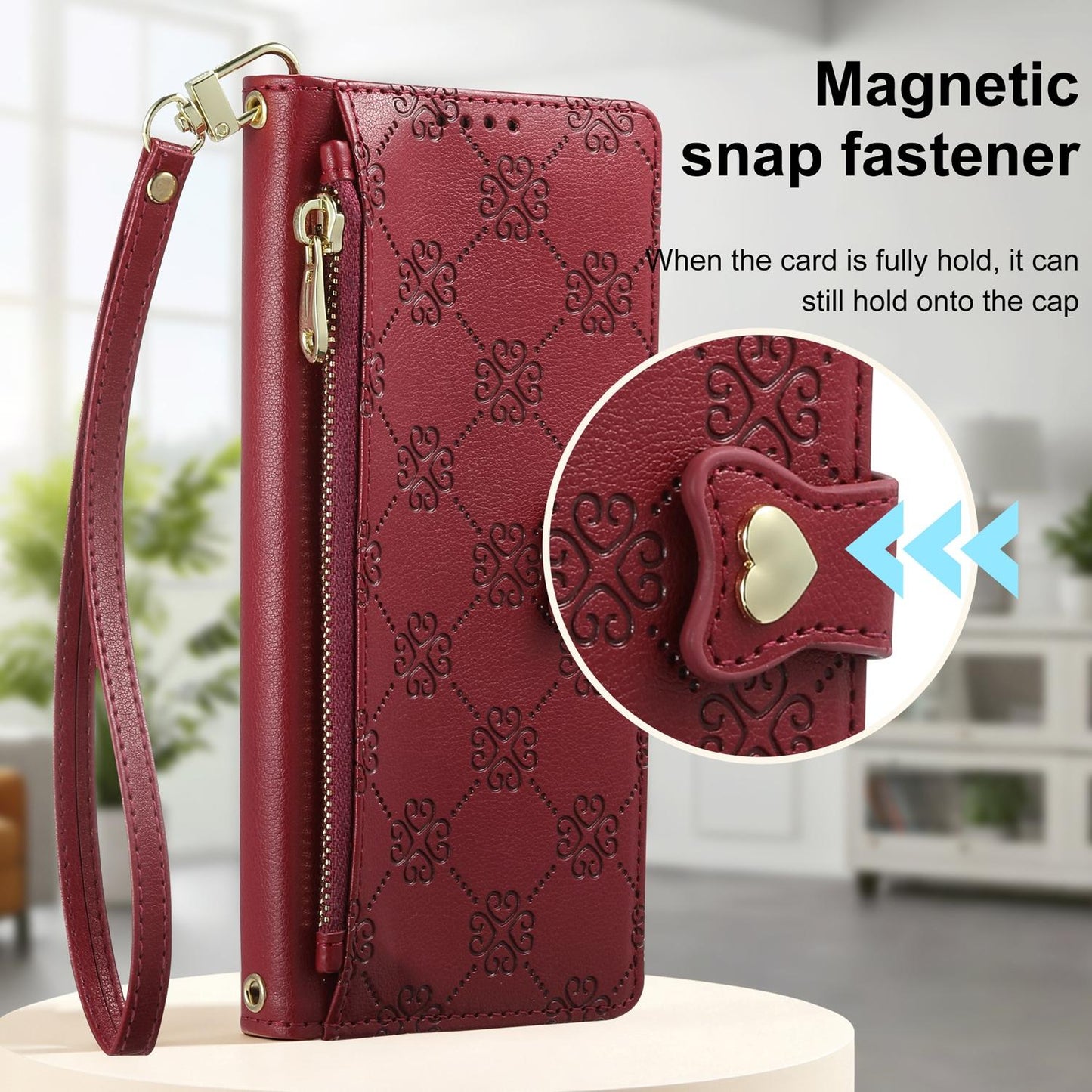 For Redmi Note 14 Pro 4G Zipper Wallet Heart Buckle Vegan Leather Phone Case with Wrist Strap(Red)