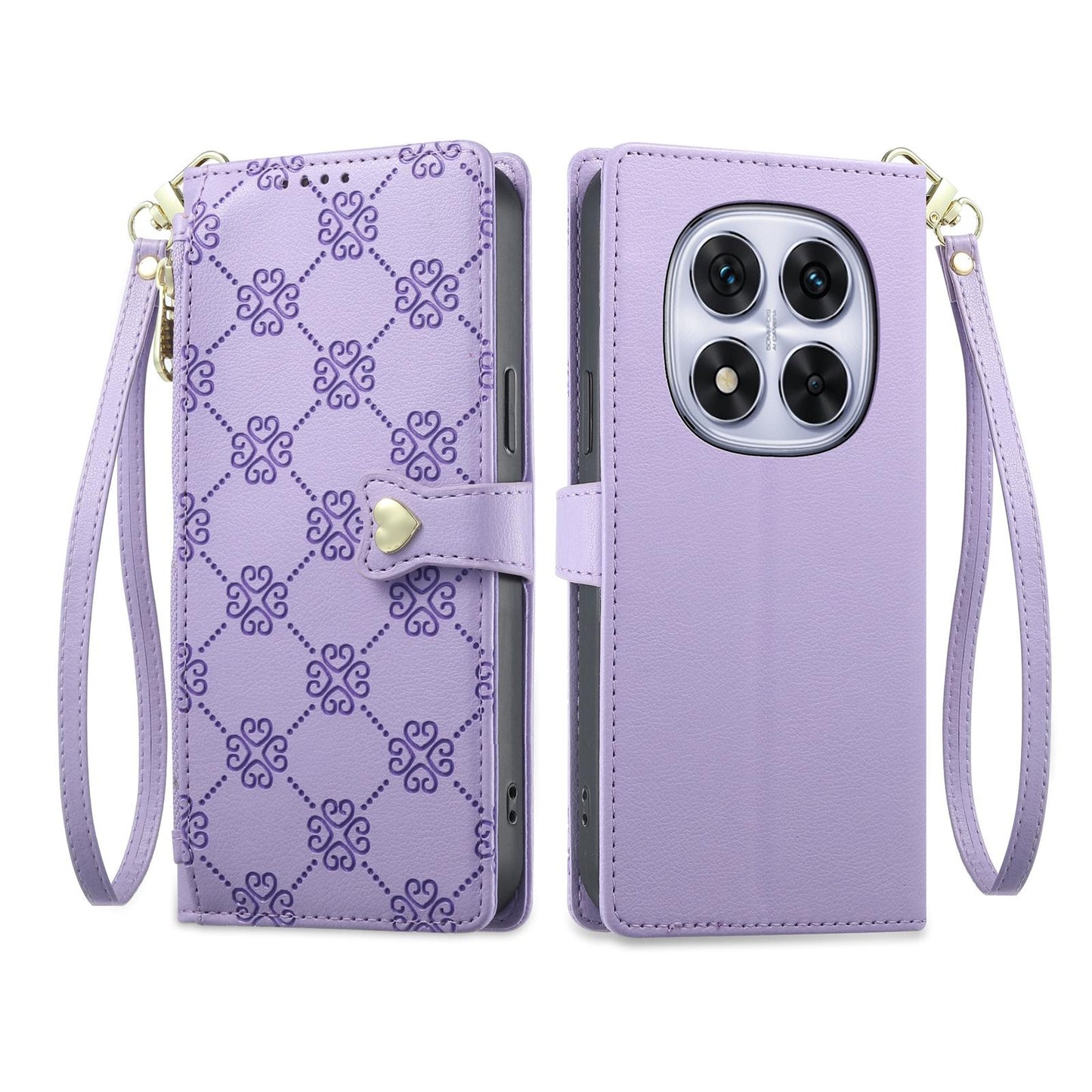 For Redmi Note 14 Pro 4G Zipper Wallet Heart Buckle Vegan Leather Phone Case with Wrist Strap(Purple)