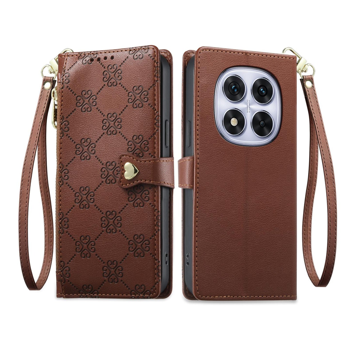 For Redmi Note 14 Pro 4G Zipper Wallet Heart Buckle Vegan Leather Phone Case with Wrist Strap(Brown)