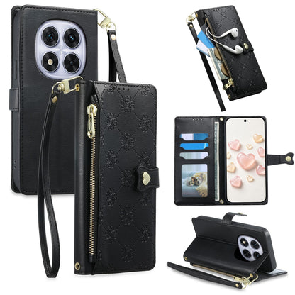 For Redmi Note 14 Pro 5G / Note 14 Pro+ 5G Zipper Wallet Heart Buckle Vegan Leather Phone Case with Wrist Strap(Black)