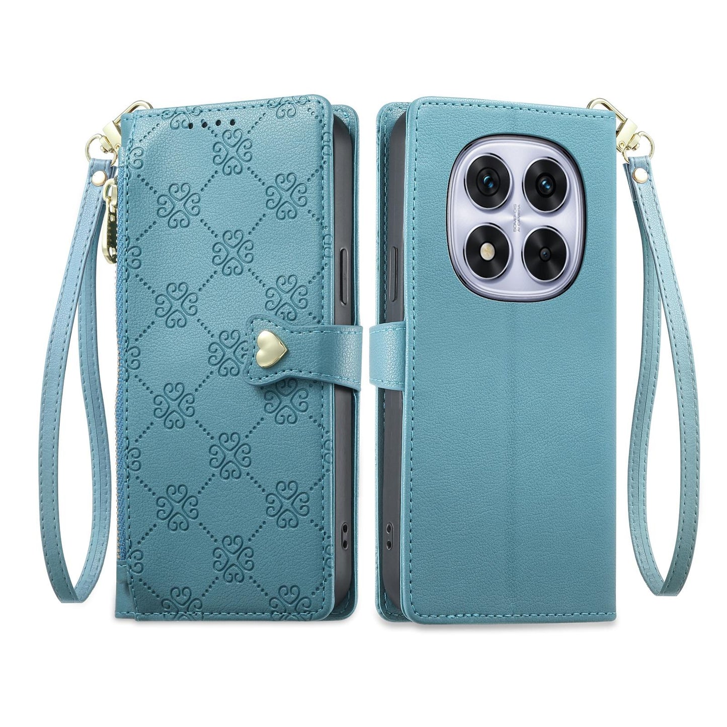For Redmi Note 14 Pro 5G / Note 14 Pro+ 5G Zipper Wallet Heart Buckle Vegan Leather Phone Case with Wrist Strap(Lake Blue)