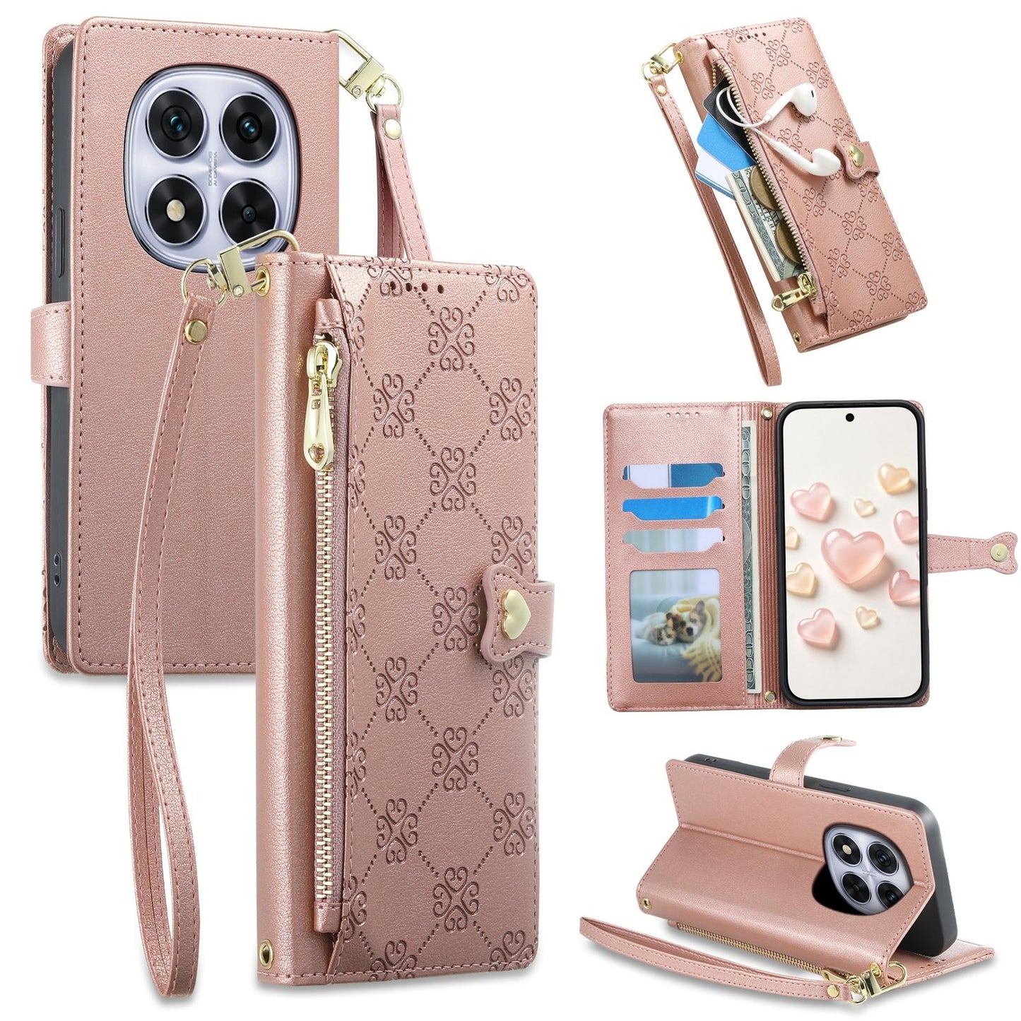 For Redmi Note 14 Pro 5G / Note 14 Pro+ 5G Zipper Wallet Heart Buckle Vegan Leather Phone Case with Wrist Strap(Pink)