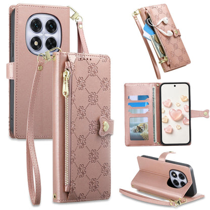 For Redmi Note 14 Pro 5G / Note 14 Pro+ 5G Zipper Wallet Heart Buckle Vegan Leather Phone Case with Wrist Strap(Pink)
