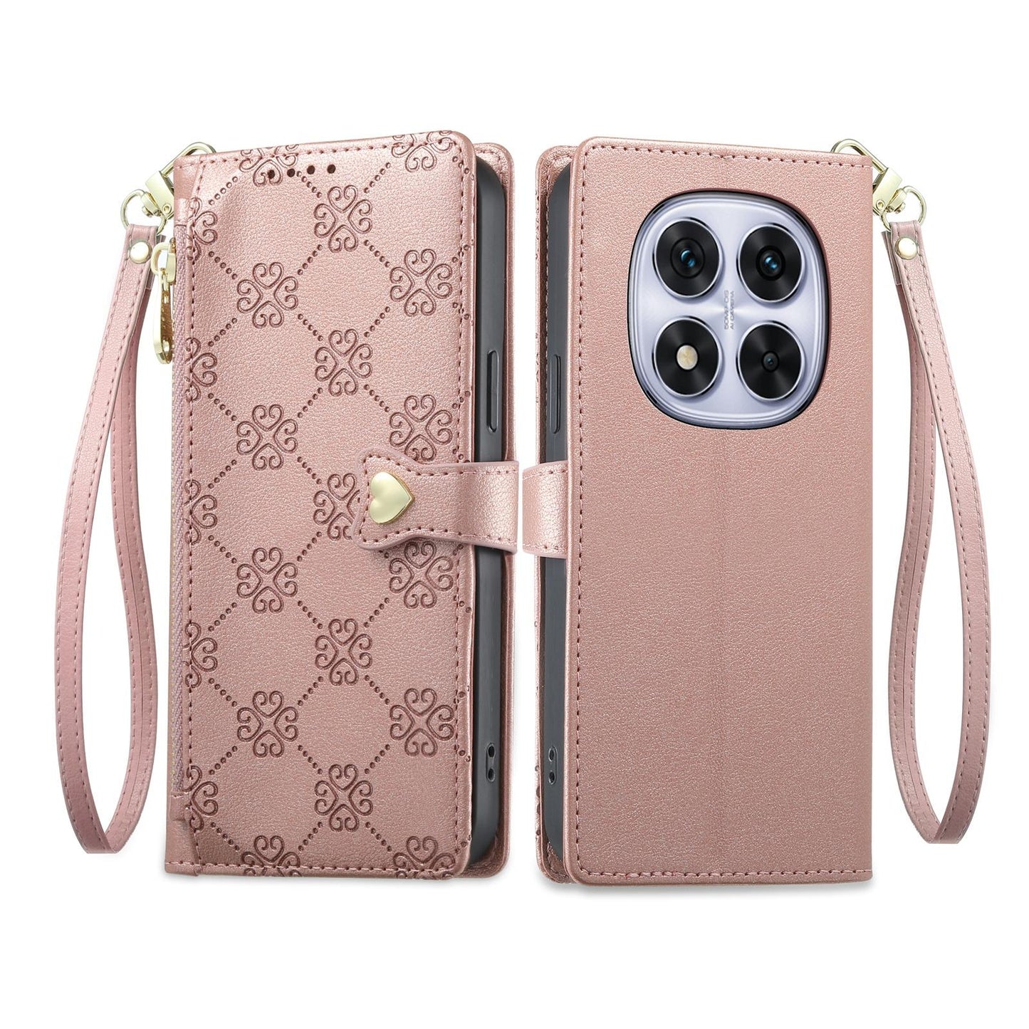 For Redmi Note 14 Pro 5G / Note 14 Pro+ 5G Zipper Wallet Heart Buckle Vegan Leather Phone Case with Wrist Strap(Pink)