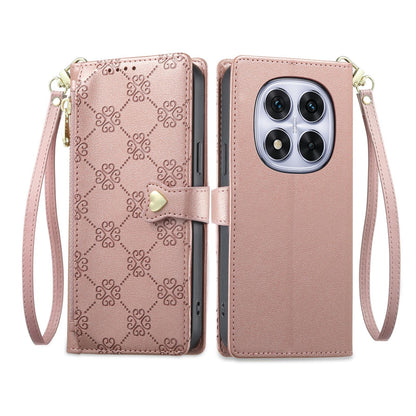 For Redmi Note 14 Pro 5G / Note 14 Pro+ 5G Zipper Wallet Heart Buckle Vegan Leather Phone Case with Wrist Strap(Pink)