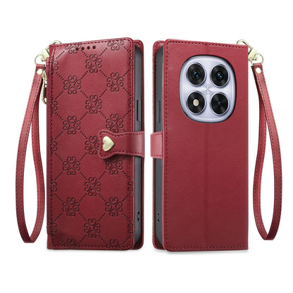 For Redmi Note 14 Pro 5G / Note 14 Pro+ 5G Zipper Wallet Heart Buckle Vegan Leather Phone Case with Wrist Strap(Red)