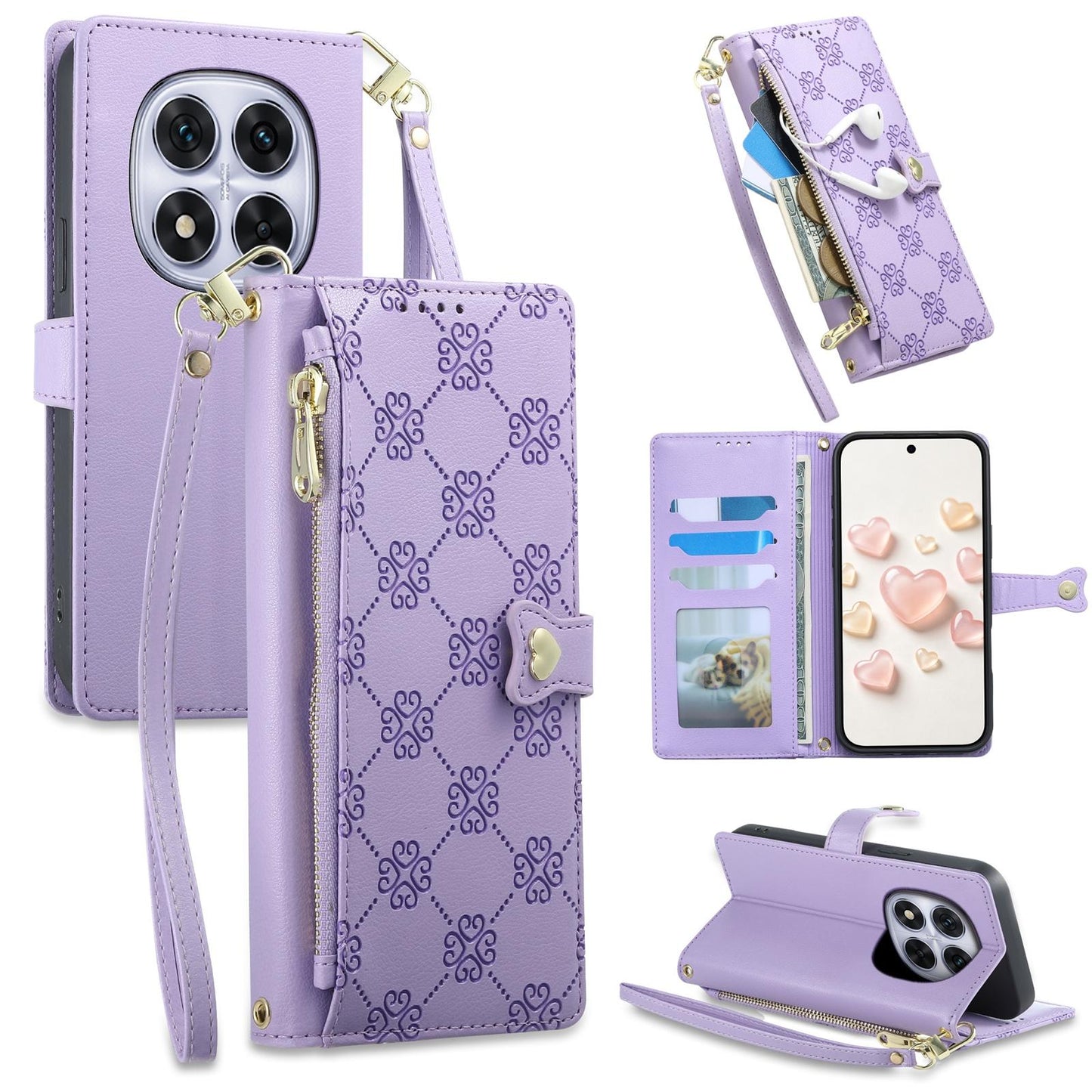 For Redmi Note 14 Pro 5G / Note 14 Pro+ 5G Zipper Wallet Heart Buckle Vegan Leather Phone Case with Wrist Strap(Purple)