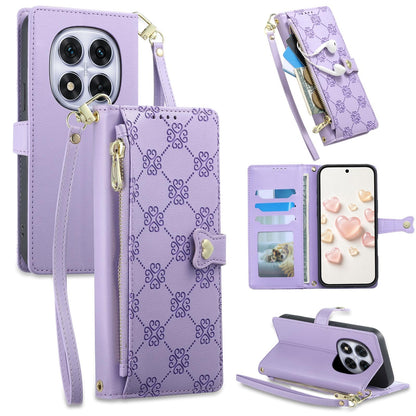 For Redmi Note 14 Pro 5G / Note 14 Pro+ 5G Zipper Wallet Heart Buckle Vegan Leather Phone Case with Wrist Strap(Purple)